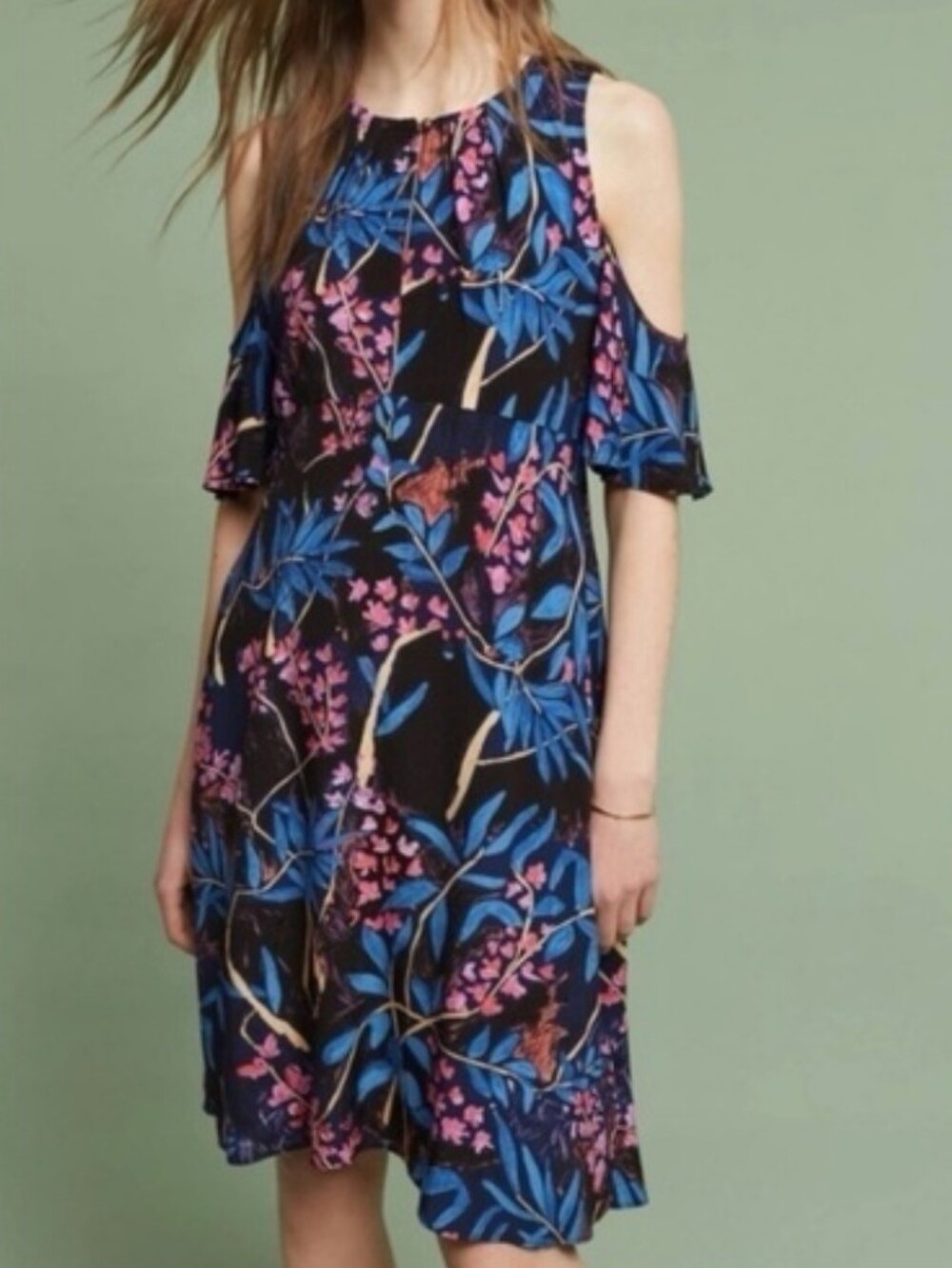 Maeve Anthropologie Elia Cold Shoulder Knee Dress Floral Black Blue Keyhole 4